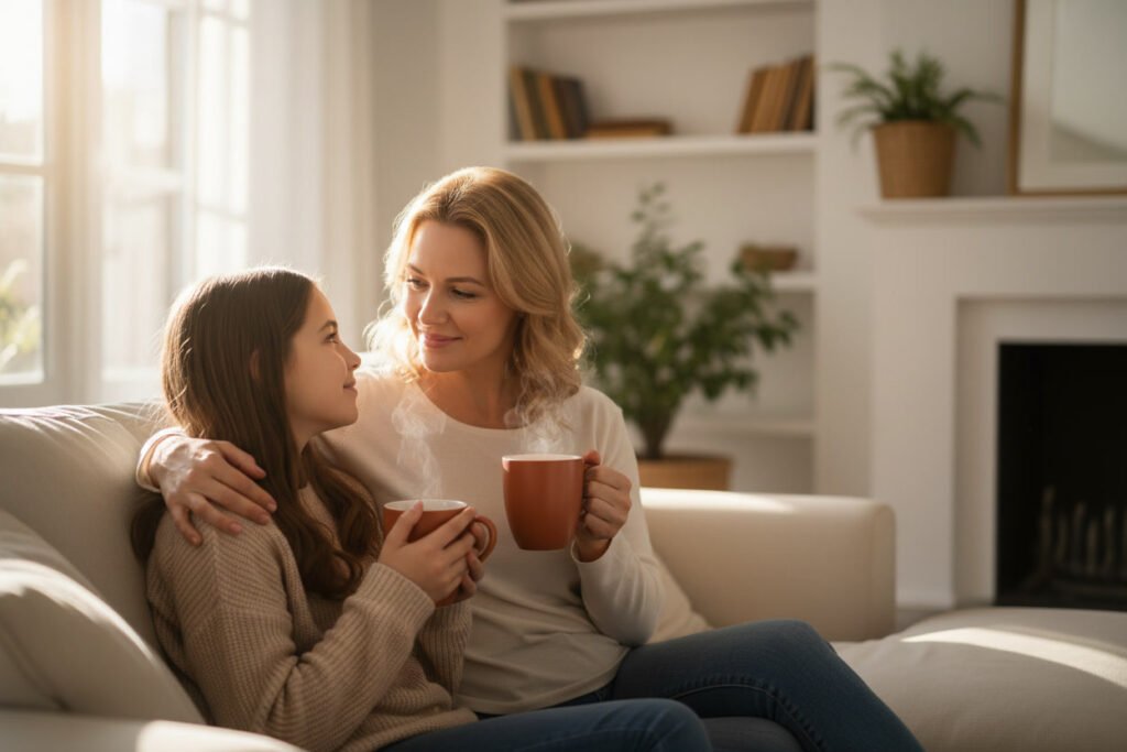 mom talking with preteen daughter about puberty