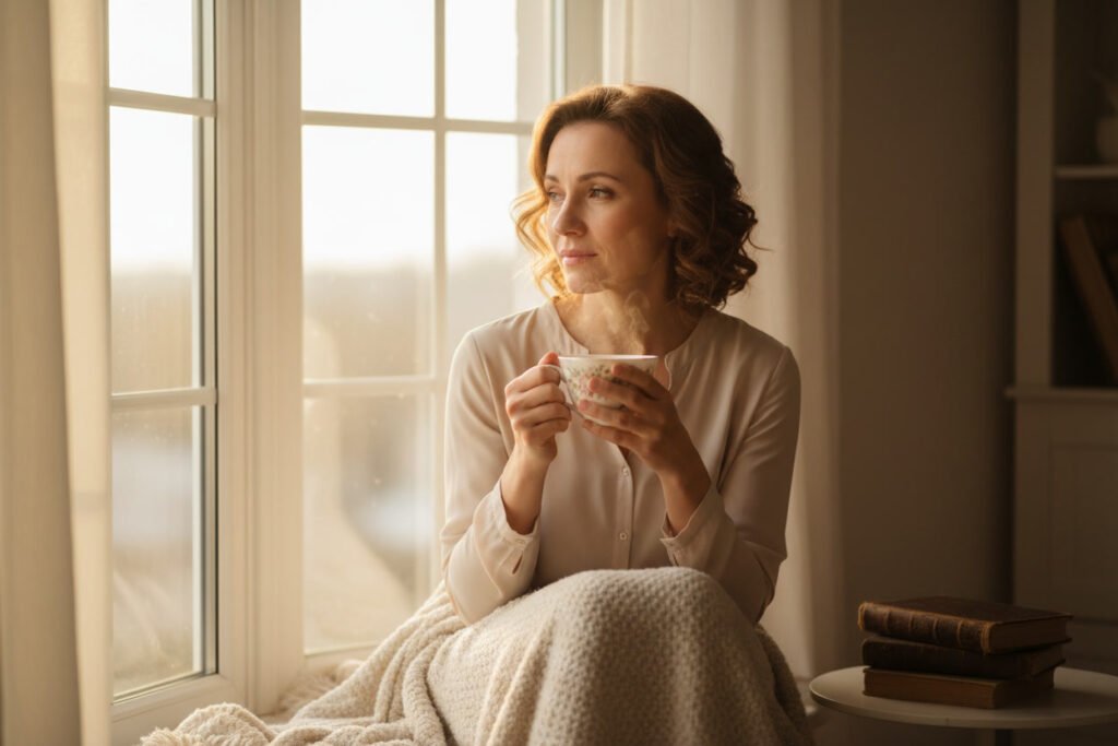 A woman sitting at a window holding a cup of tea, looking outside with a thoughtful and reflective expression in soft morning light