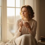 A woman sitting at a window holding a cup of tea, looking outside with a thoughtful and reflective expression in soft morning light