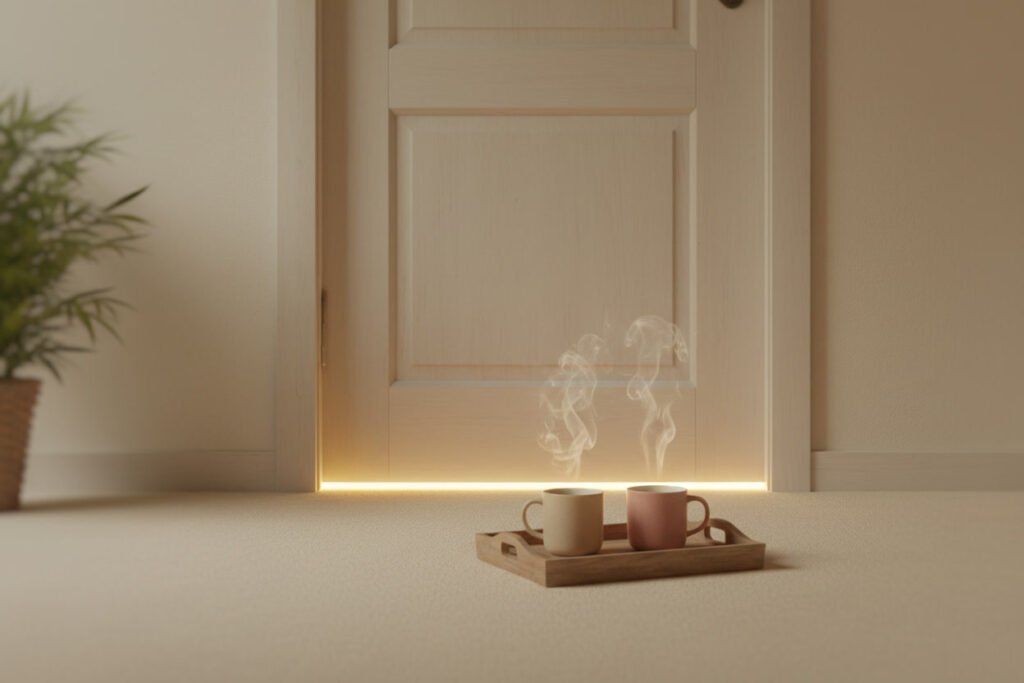 A closed bedroom door with soft light underneath and two mugs of tea on a tray outside — representing a parent waiting patiently for their daughter to open up.