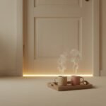 A closed bedroom door with soft light underneath and two mugs of tea on a tray outside — representing a parent waiting patiently for their daughter to open up.