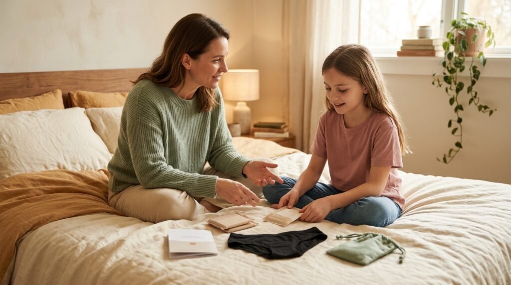 Period products for girls — pads, tampons, cups and period underwear flat lay