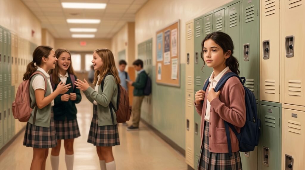 A young girl standing alone in a school hallway while a group of other girls talk in the background, representing the experience of early puberty and feeling different from peers