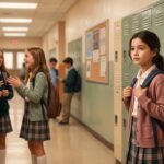 A young girl standing alone in a school hallway while a group of other girls talk in the background, representing the experience of early puberty and feeling different from peers