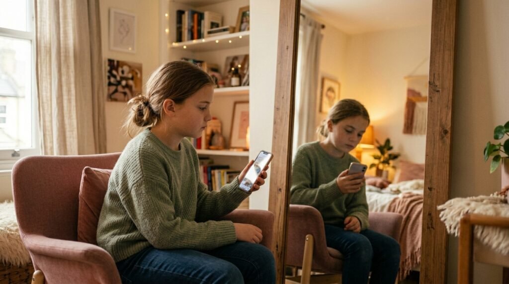 How social media affects daughter's body image during puberty — mother and preteen girl talking about screen time and self-esteem