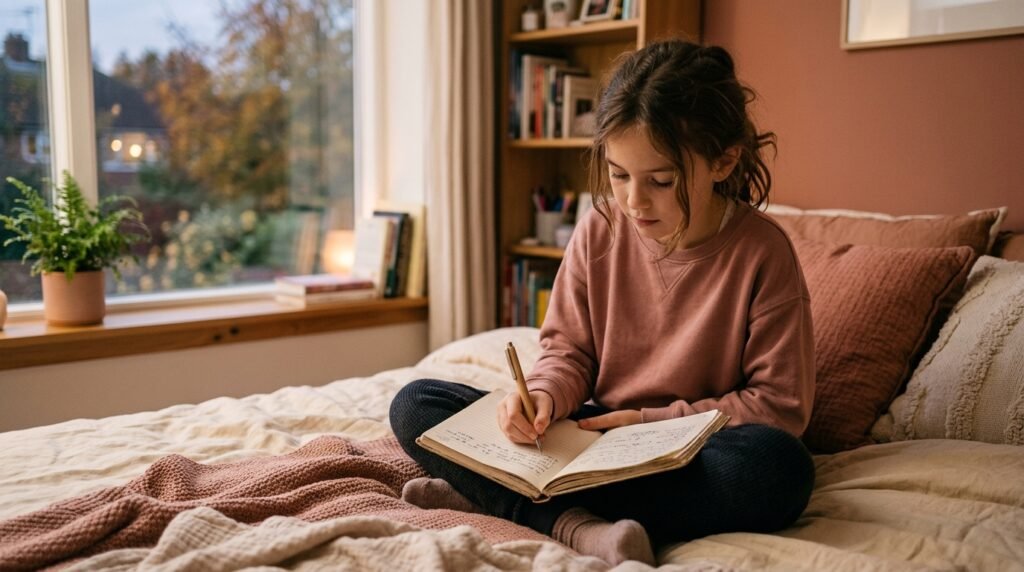 Girl journaling in bedroom, representing growing up as more than getting her first period — emotional changes and self-reflection during puberty