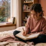 Girl journaling in bedroom, representing growing up as more than getting her first period — emotional changes and self-reflection during puberty