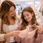 Mother and preteen daughter choosing a first bra together in a store