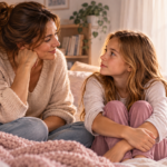 Mother talking with her preteen daughter about puberty and body changes
